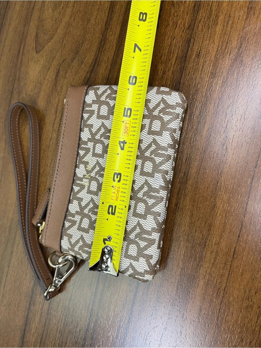 DKNY Logo Zip Wristlet Wallet w/ Wrist Strap, Brown/Beige